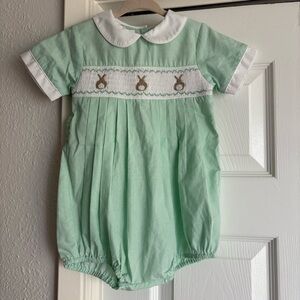 Petit Pomme Easter one-piece smocked romper with collar green bunny 12 months
